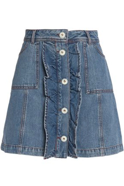 Shop Ganni Ruffled Denim Mini Skirt In Mid Denim