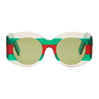 Shop Gucci Green And Red Round Web Sunglasses