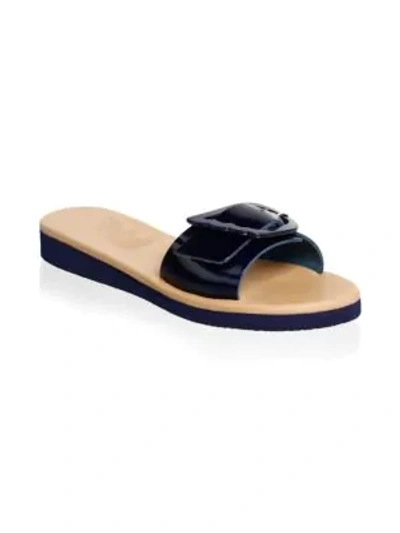 Shop Ancient Greek Sandals Aglaia Buckle Leather Slide Sandals In Marine