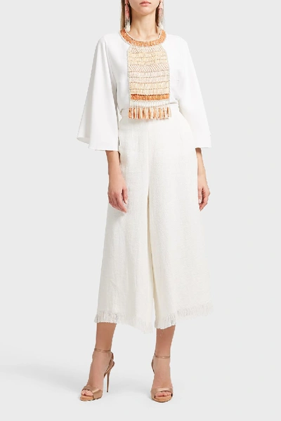 Shop Andrew Gn Fringe Trim Linen Trousers In White