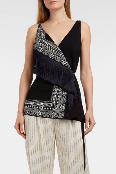 Shop Altuzarra Cheyanne Fringed Printed Jersey Top In Black, Midnight-blue And White