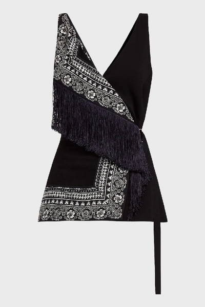 Shop Altuzarra Cheyanne Fringed Printed Jersey Top In Black, Midnight-blue And White