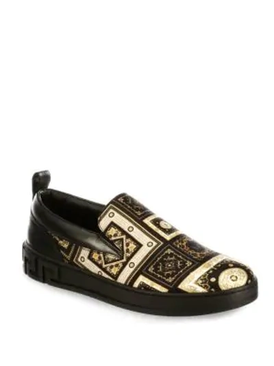 Shop Versace Printed Slip-on Silk Trainers In Black/gold
