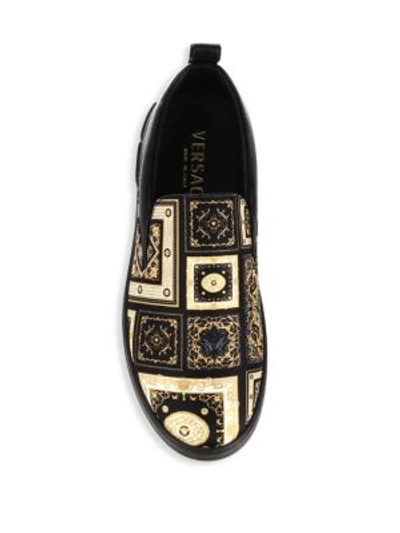 Shop Versace Printed Slip-on Silk Sneakers In Black/gold