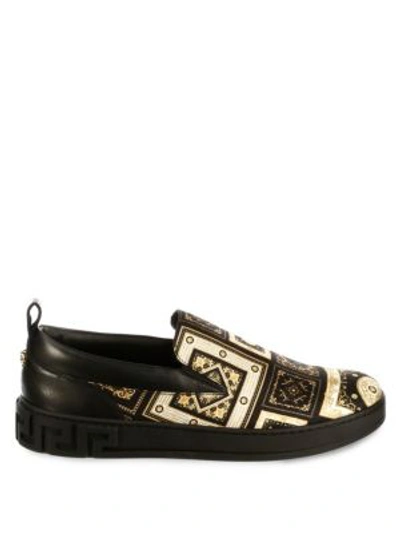 Shop Versace Printed Slip-on Silk Sneakers In Black/gold