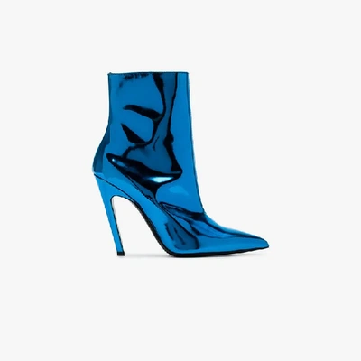 Shop Balenciaga Metallic Blue Slash Heel 110 Ankle Boots
