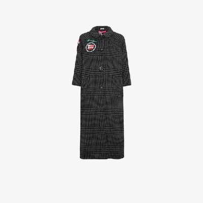 Shop Miu Miu Checked Coat With Embroidered Patches In Grey