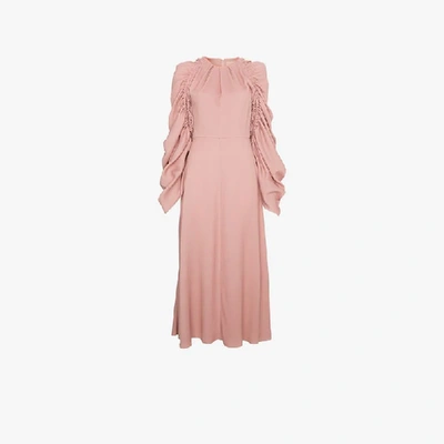 Shop Roksanda Silk Midi Dress With Ruched Sleeves In Pink&purple