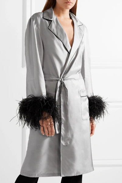 Shop Prada Feather-embellished Silk-twill Robe In Gray