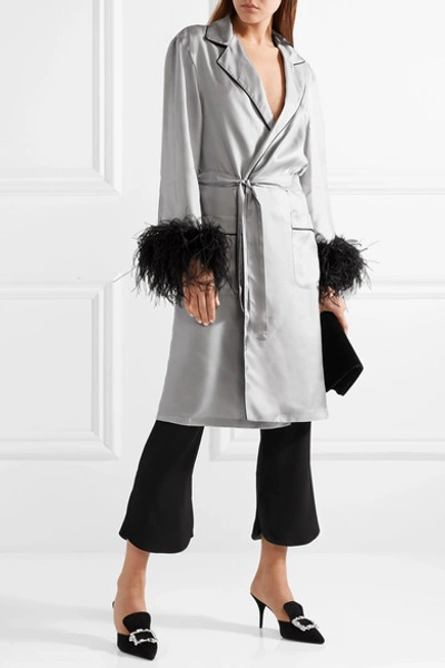 Shop Prada Feather-embellished Silk-twill Robe In Gray