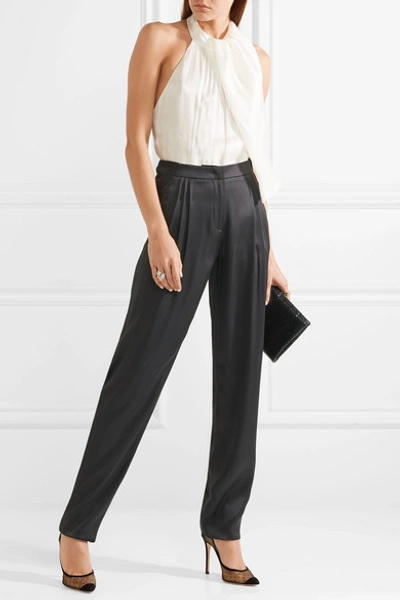 Shop Giorgio Armani Pleated Silk-satin Tapered Pants In Black