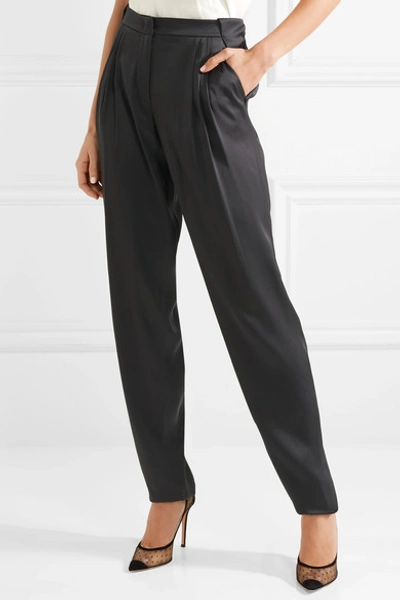 Shop Giorgio Armani Pleated Silk-satin Tapered Pants In Black