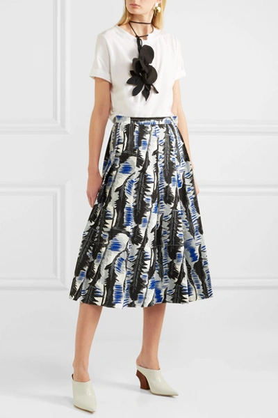 Shop Marni Pleated Printed Cotton-poplin Midi Skirt In Blue