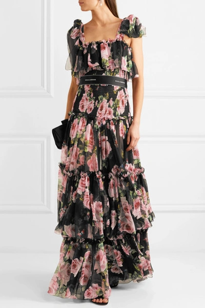 Shop Dolce & Gabbana Shirred Floral-print Silk-chiffon Gown In Black