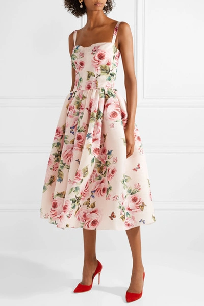 Shop Dolce & Gabbana Pleated Floral-print Silk-organza Midi Dress In Pastel Pink