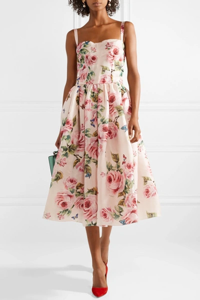 Shop Dolce & Gabbana Pleated Floral-print Silk-organza Midi Dress In Pastel Pink