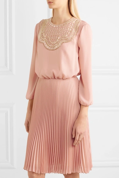 Shop Prada Embellished Pleated Silk-georgette Midi Dress In Pastel Pink