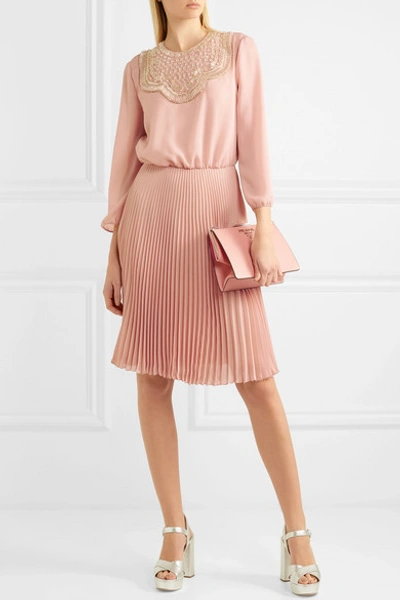 Shop Prada Embellished Pleated Silk-georgette Midi Dress In Pastel Pink