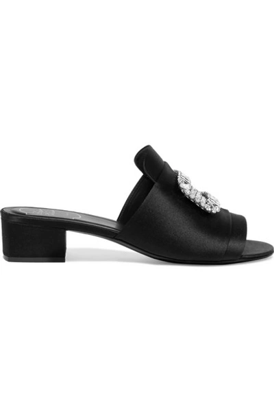 Shop Roger Vivier Crystal-embellished Satin Mules In Black