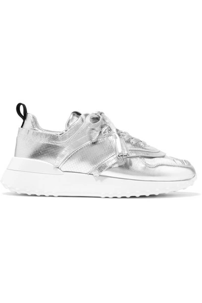 Shop Tod's Logo-print Fringed Perforated Metallic Leather Sneakers In Silver