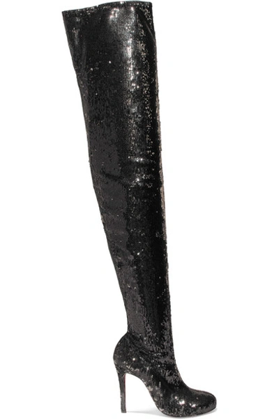 Shop Christian Louboutin Louise 100 Sequined Leather Over-the-knee Boots In Black