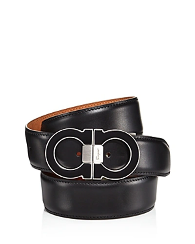 Shop Ferragamo Men's Double Gancini Leather Belt In Black