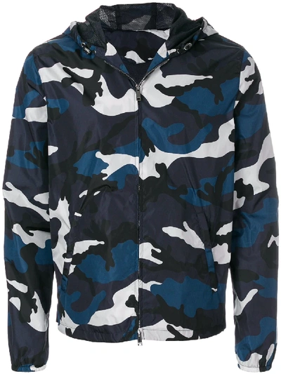 Valentino Camouflage Print Bomber Jacket In Blue | ModeSens