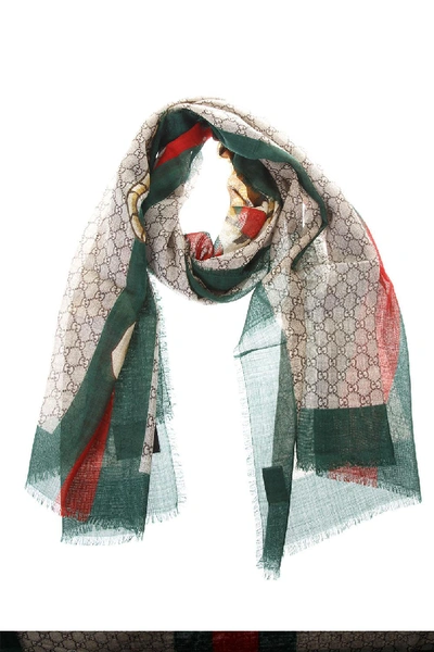 Shop Gucci Tiger Print Gg Motif Wool Scarf In Green-red
