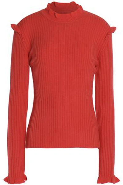 Shop Derek Lam 10 Crosby Woman Ruffle-trimmed Ribbed Cashmere Sweater Tomato Red