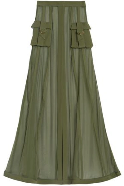 Shop Balmain Woman Crepe-trimmed Silk-chiffon Maxi Skirt Army Green