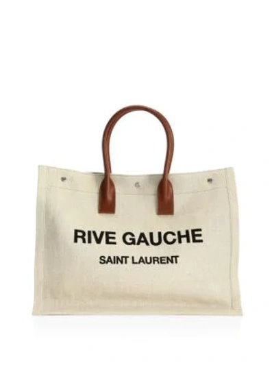 Shop Saint Laurent Rive Gauche Linen Tote In Natural Cognac