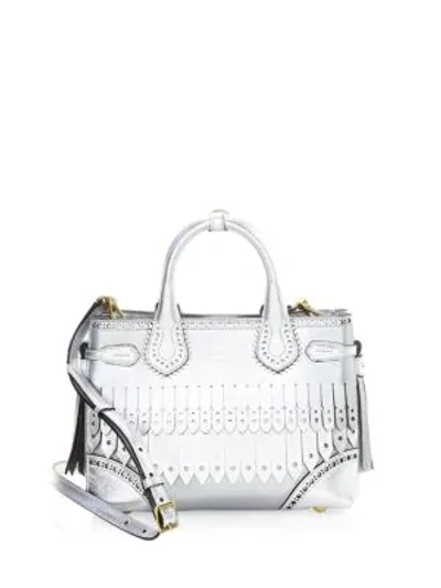Shop Burberry Small Leather Brogue Satchel In Silver