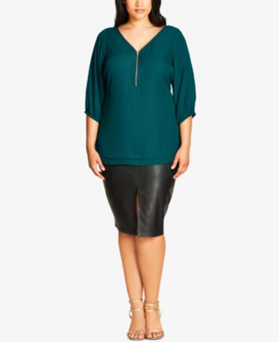 Shop City Chic Trendy Plus Size Zip-front Top In Emerald