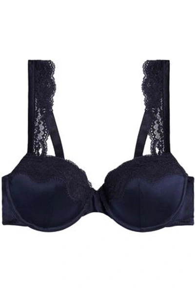 Shop Stella Mccartney Woman Clara Whispering Lace-trimmed Stretch-silk Satin Contour Bra Midnight Blue