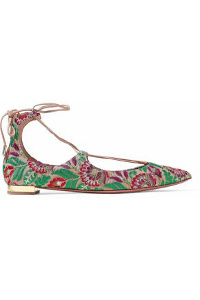 Shop Aquazzura Woman Lace-up Leather-trimmed Embroidered Canvas Point-toe Flats Sand