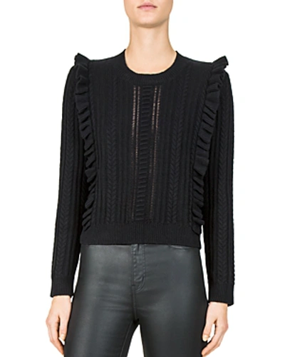 Shop The Kooples Ruffled Cable-knit Sweater In Black