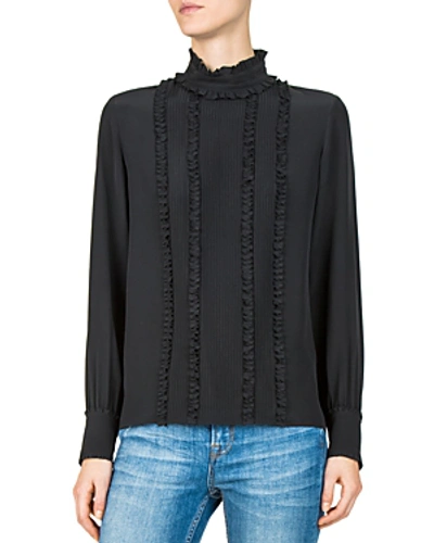 Shop The Kooples Pleated Ruffled Silk Top In Black