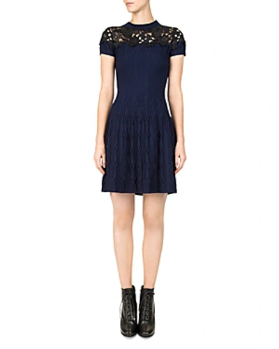 Shop The Kooples Ribbed Lace-inlay Dress In Navy