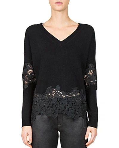 Shop The Kooples Lace-peplum V-neck Sweater In Black