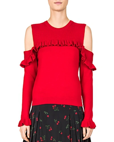 Shop The Kooples Ruffled Cold-shoulder Sweater In Red