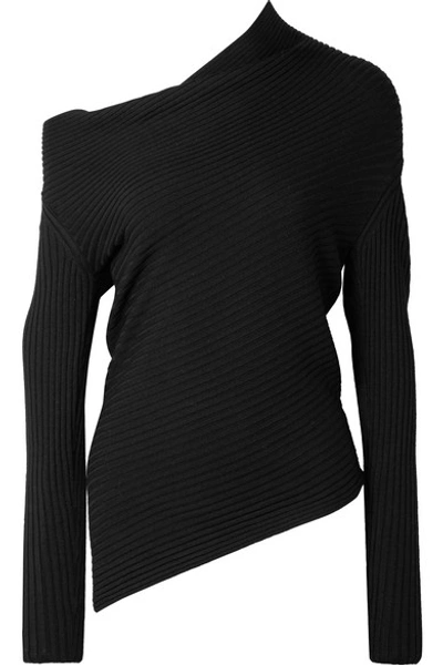 Shop Tome One-shoulder Ribbed Merino Wool Sweater In Black