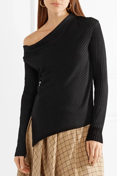 Shop Tome One-shoulder Ribbed Merino Wool Sweater In Black