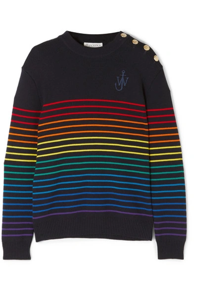 Shop Jw Anderson Embroidered Striped Wool Sweater In Navy