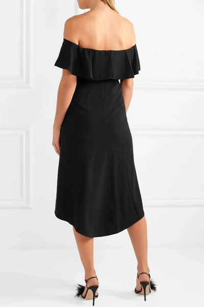 Shop Halston Heritage Ruffled Off-the-shoulder Stretch-crepe Midi Dress In Black
