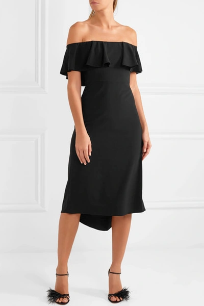 Shop Halston Heritage Ruffled Off-the-shoulder Stretch-crepe Midi Dress In Black