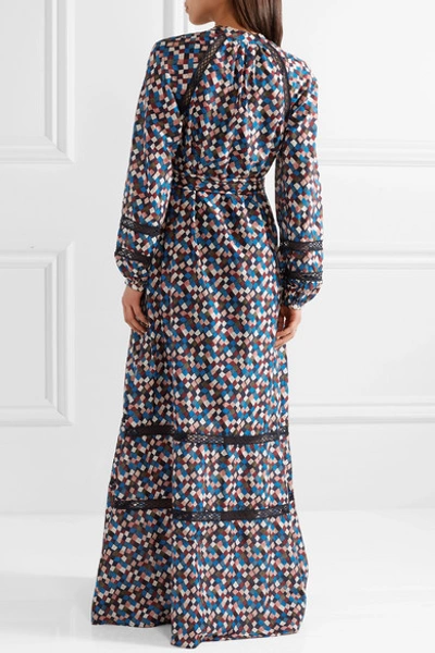 Shop Tory Burch Sonia Lace-trimmed Printed Cotton And Silk-blend Maxi Dress In Midnight Blue