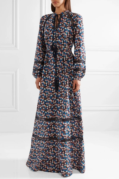 Shop Tory Burch Sonia Lace-trimmed Printed Cotton And Silk-blend Maxi Dress In Midnight Blue