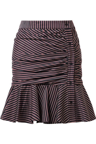Shop Veronica Beard Ruched Striped Cotton Mini Skirt In Midnight Blue