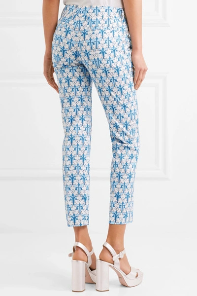 Shop Prada Iris Printed Stretch-poplin Skinny Pants In Blue