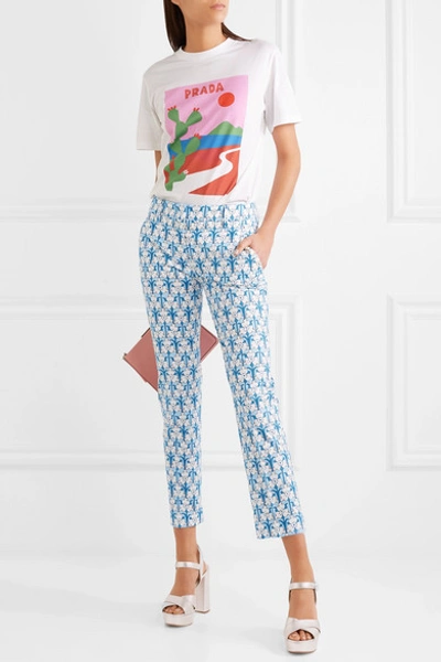 Shop Prada Iris Printed Stretch-poplin Skinny Pants In Blue